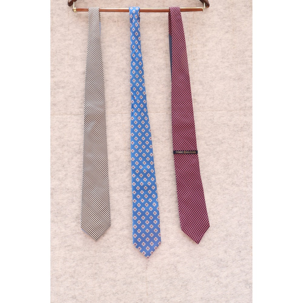 Lot of 3 Tommy Hilfiger & Bloomingdales Silk Ties Blue Burgundy Cream Geometric